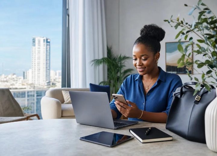 A young Nigerian professional working on a laptop from home while exploring legitimate remote job opportunities online.