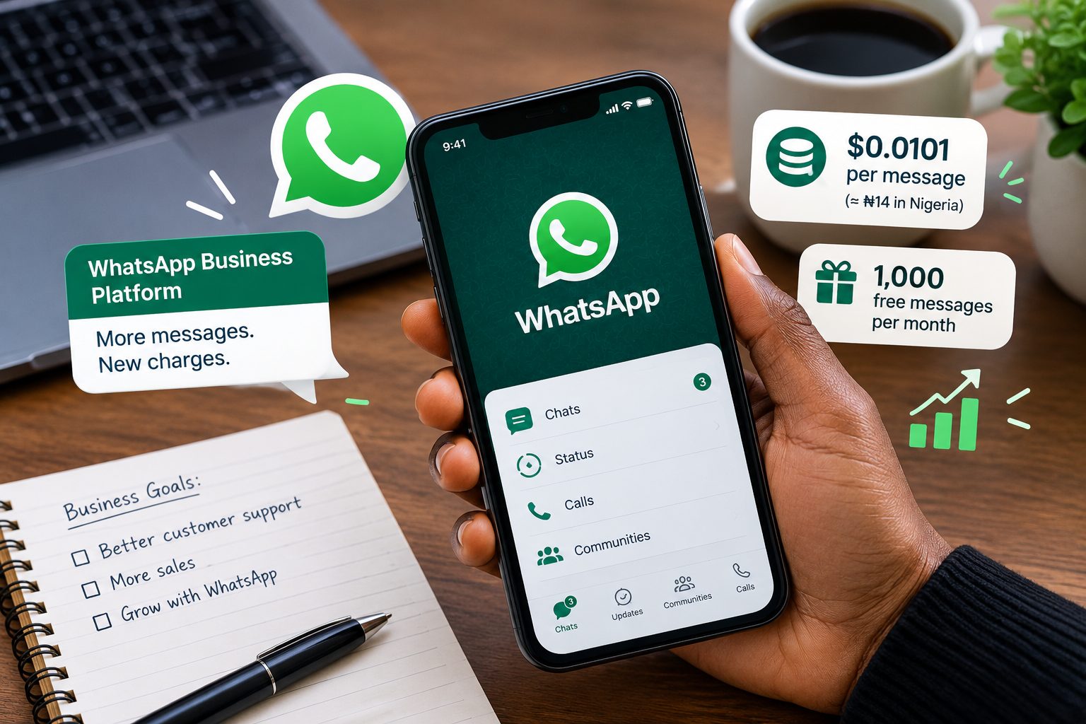 A smartphone displaying WhatsApp Business, with graphics showing the new messaging charges and free message allowance