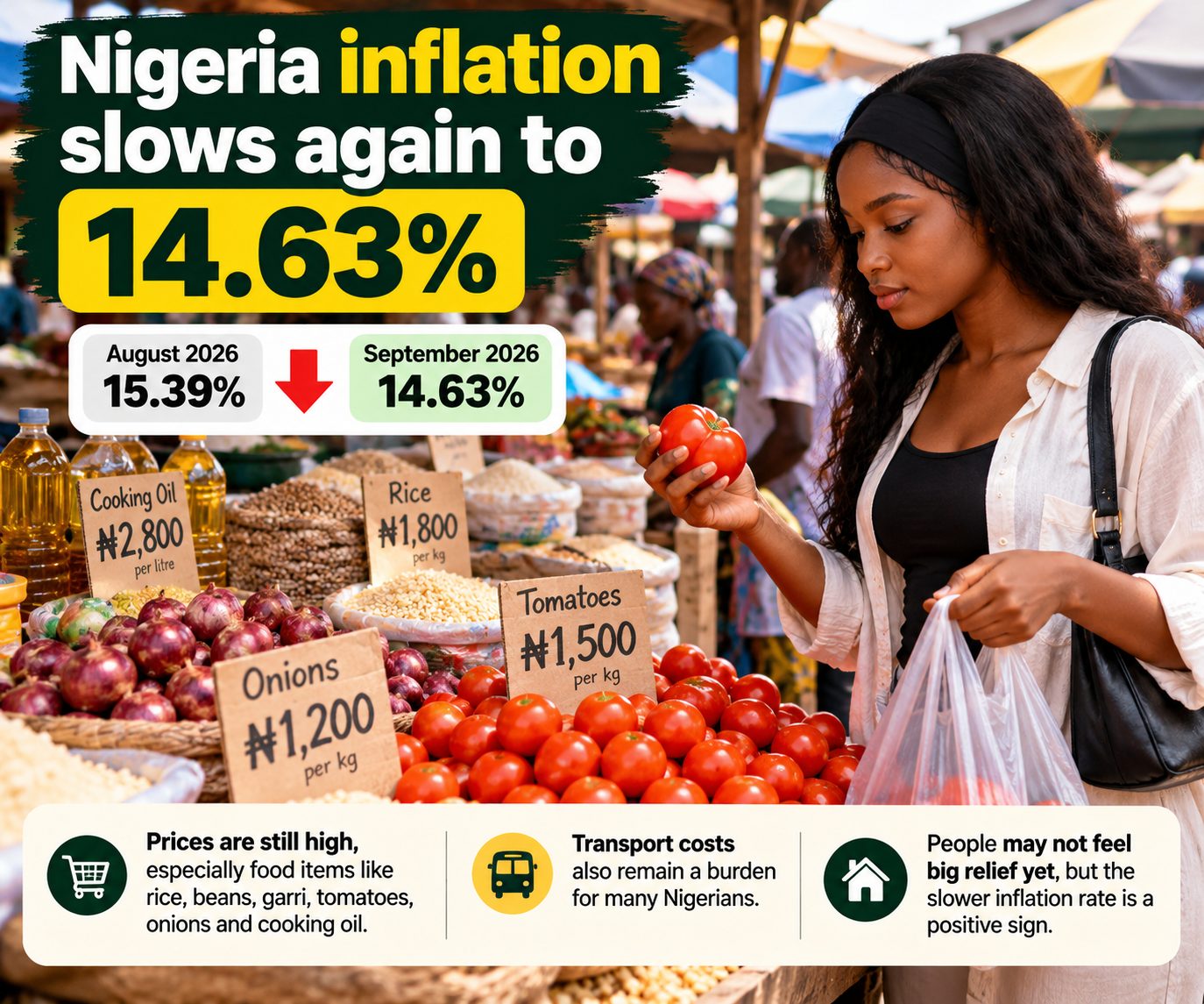 A Nigerian market scene showing shoppers buying food, highlighting that inflation has slowed to 14.63%, but food and transport costs remain high.