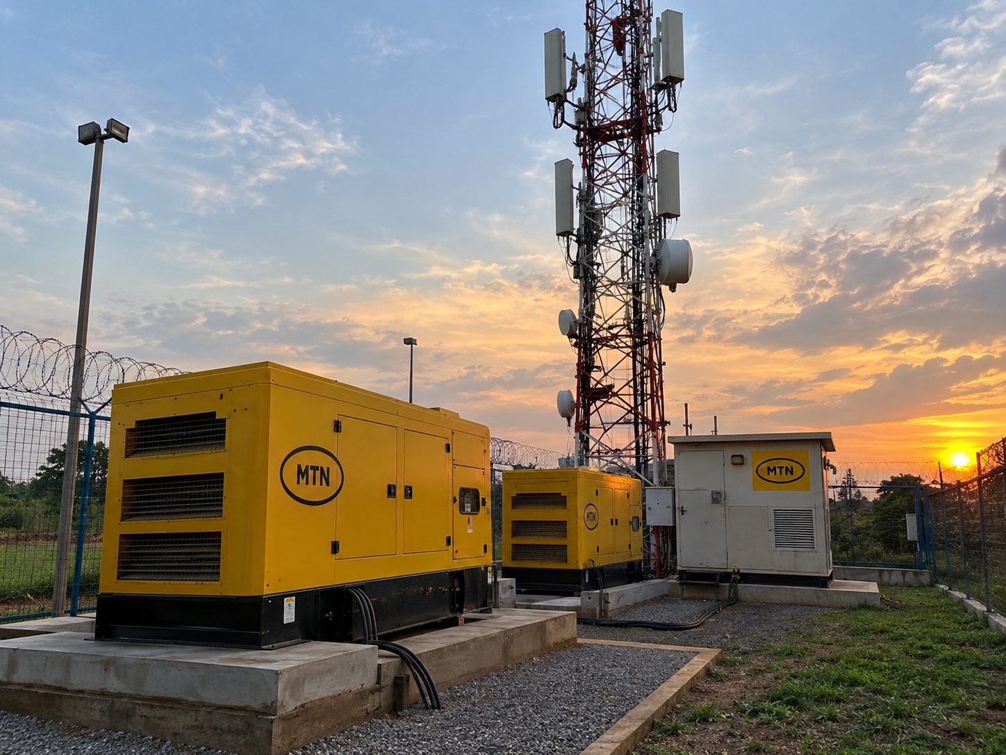The picture shows a telecommunications site with a mobile network mast and generators