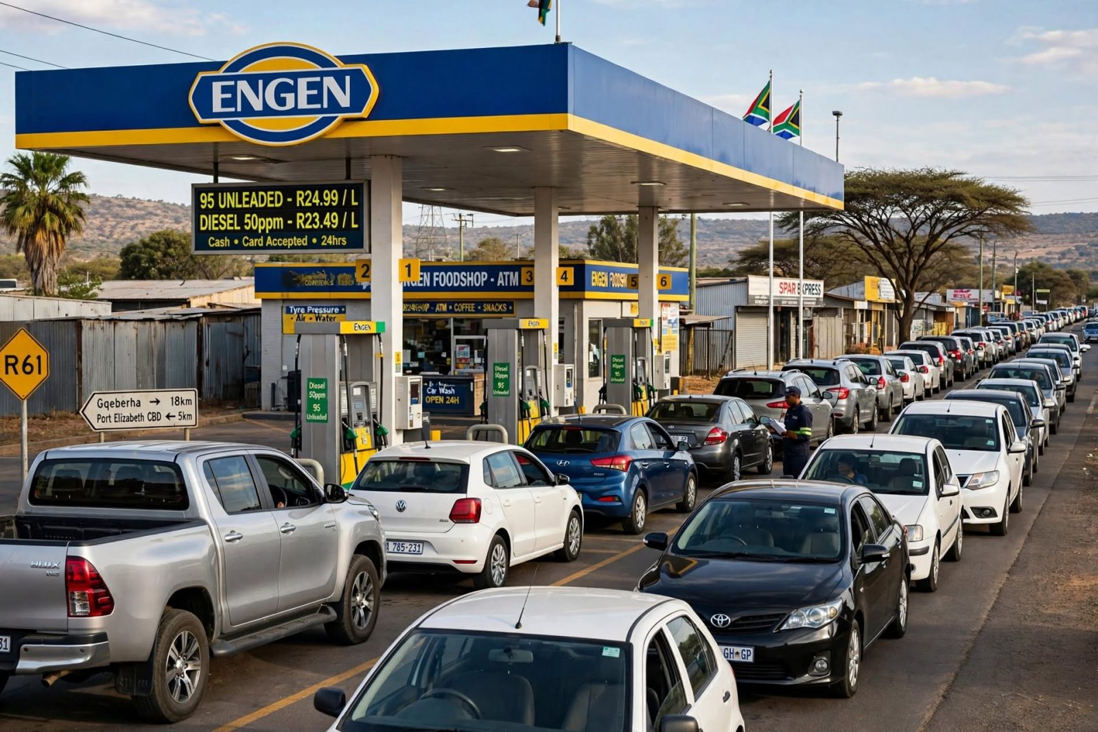 A filling station with a long queue in South Afr5