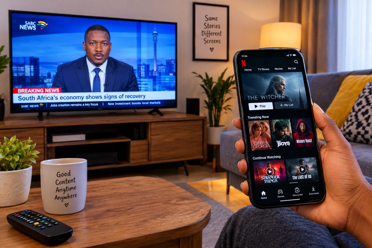 A modern living room comparing traditional television with digital streaming in South Africa. On the left: A television dis